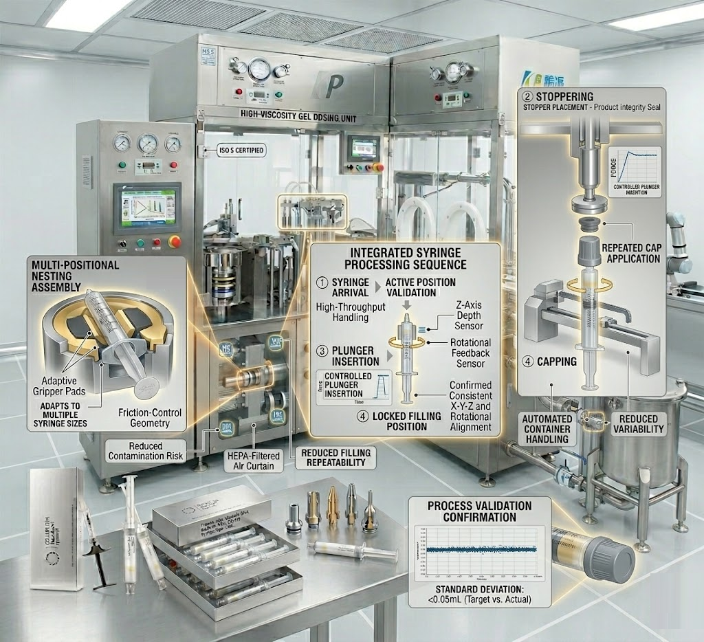 an integrated syringe filling and capping machine, showing the complete process sequence from syringe nesting to final cap application