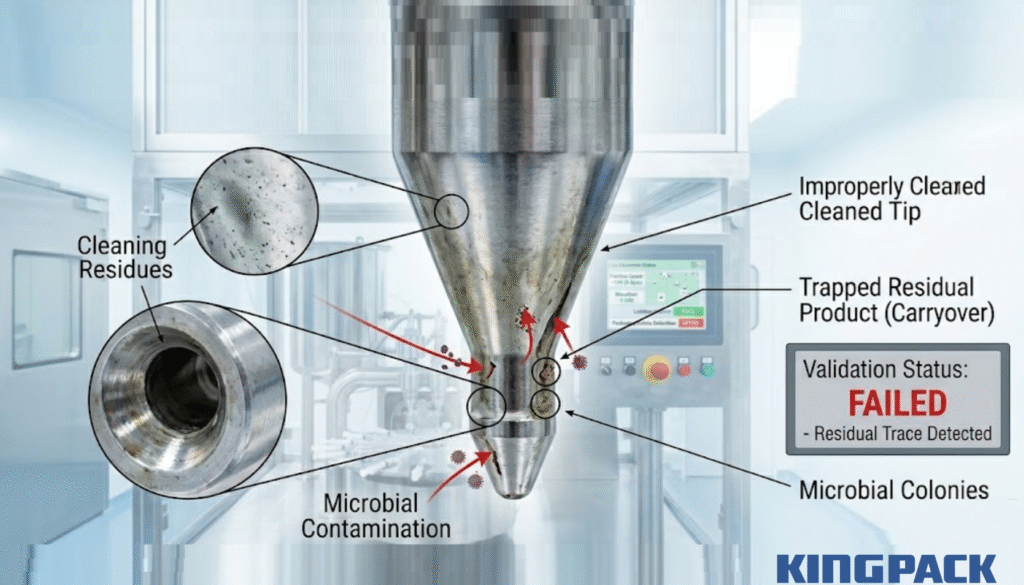 filling nozzle showing trapped product and microbial contamination risks