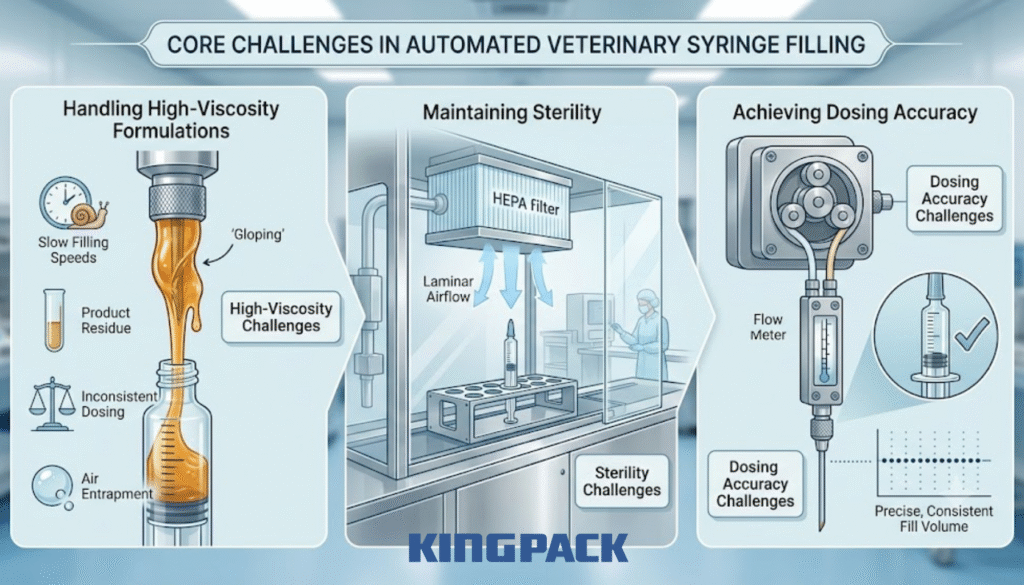 graphic outlining technical hurdles for automated veterinary medicine production