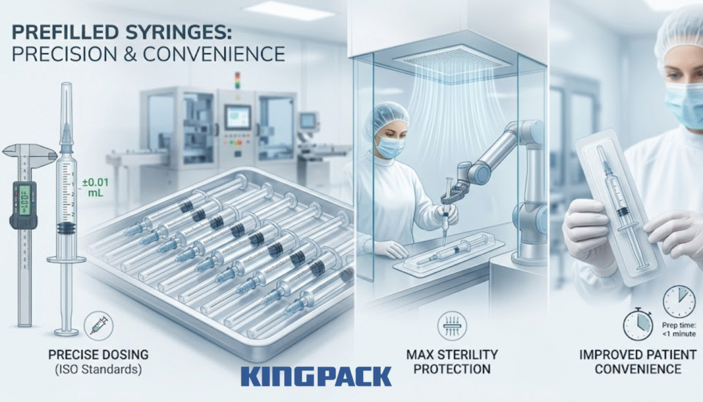 Infographic highlighting the precision, sterility, and convenience of prefilled syringes
