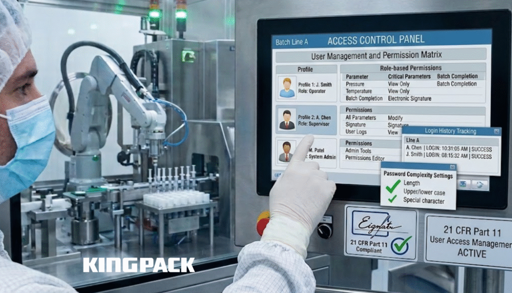Digital access control panel displaying user permissions for pharmaceutical filling line