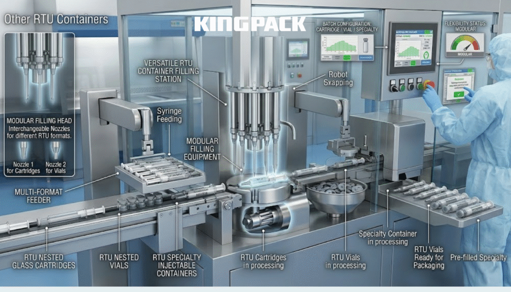 Automated production line demonstrating flexibility for diverse ready-to-use drug formats