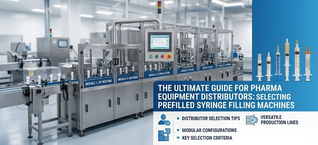 Automated pharmaceutical production line for filling and processing prefilled syringes
