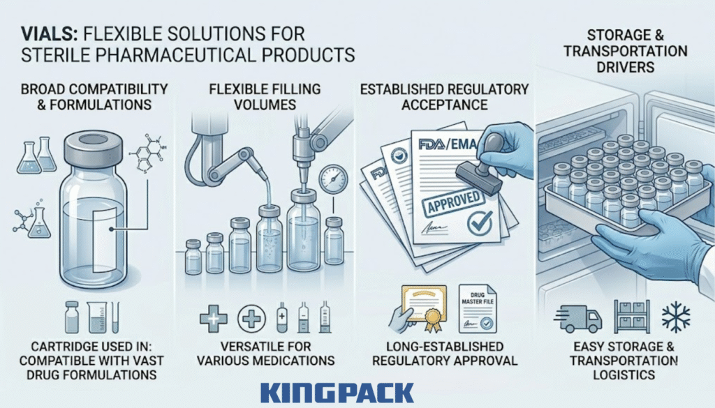 Graphic showing vial filling processes, regulatory approval, and logistics efficiency