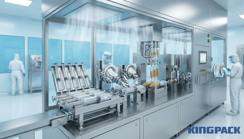 Automated pharmaceutical filling line in a sterile cleanroom environment