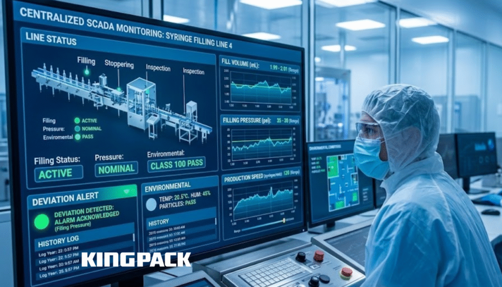 Pharmaceutical worker reviewing real-time production data on a digital SCADA interface