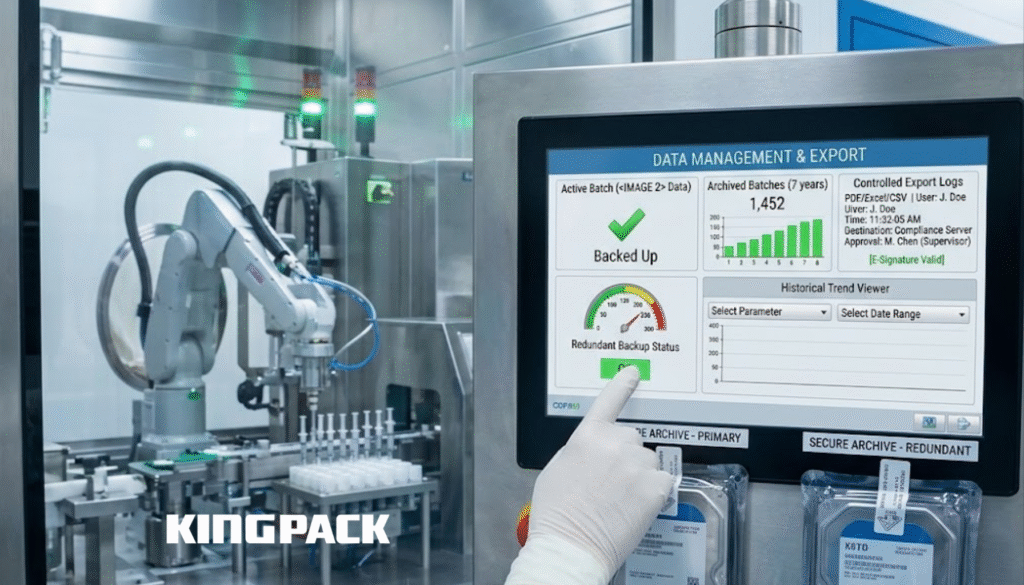 Interface showing successful data backup status for pharmaceutical batch production lines