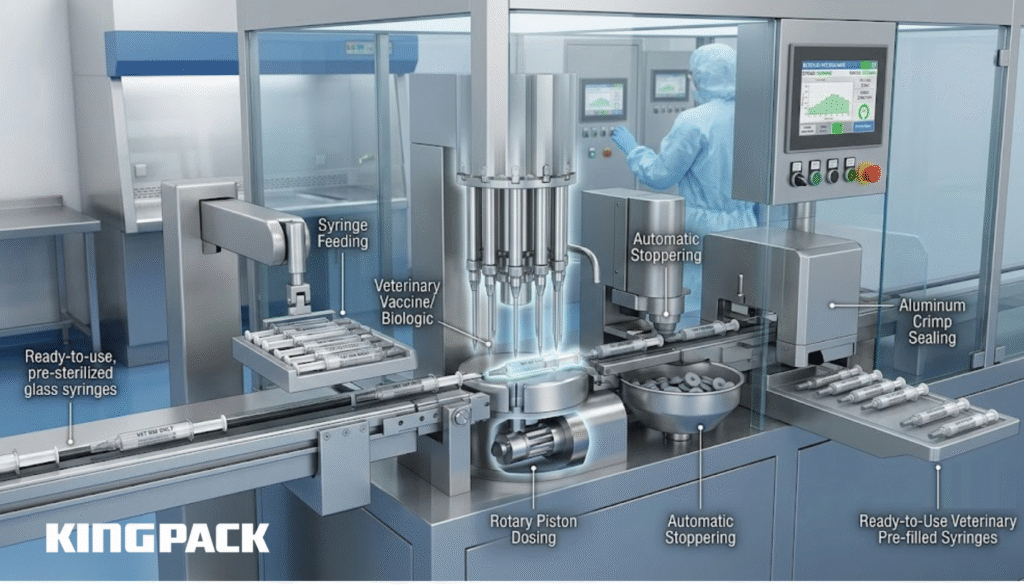 Industrial machine for automated filling, stoppering, and sealing of veterinary syringes