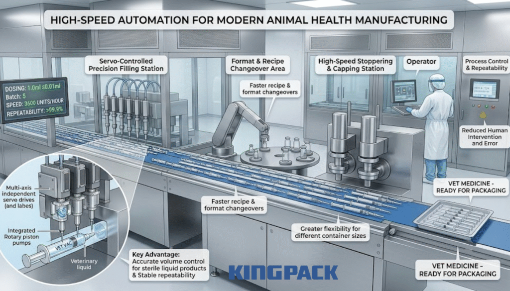 Visual overview of modern, automated animal medicine filling and stoppering lines