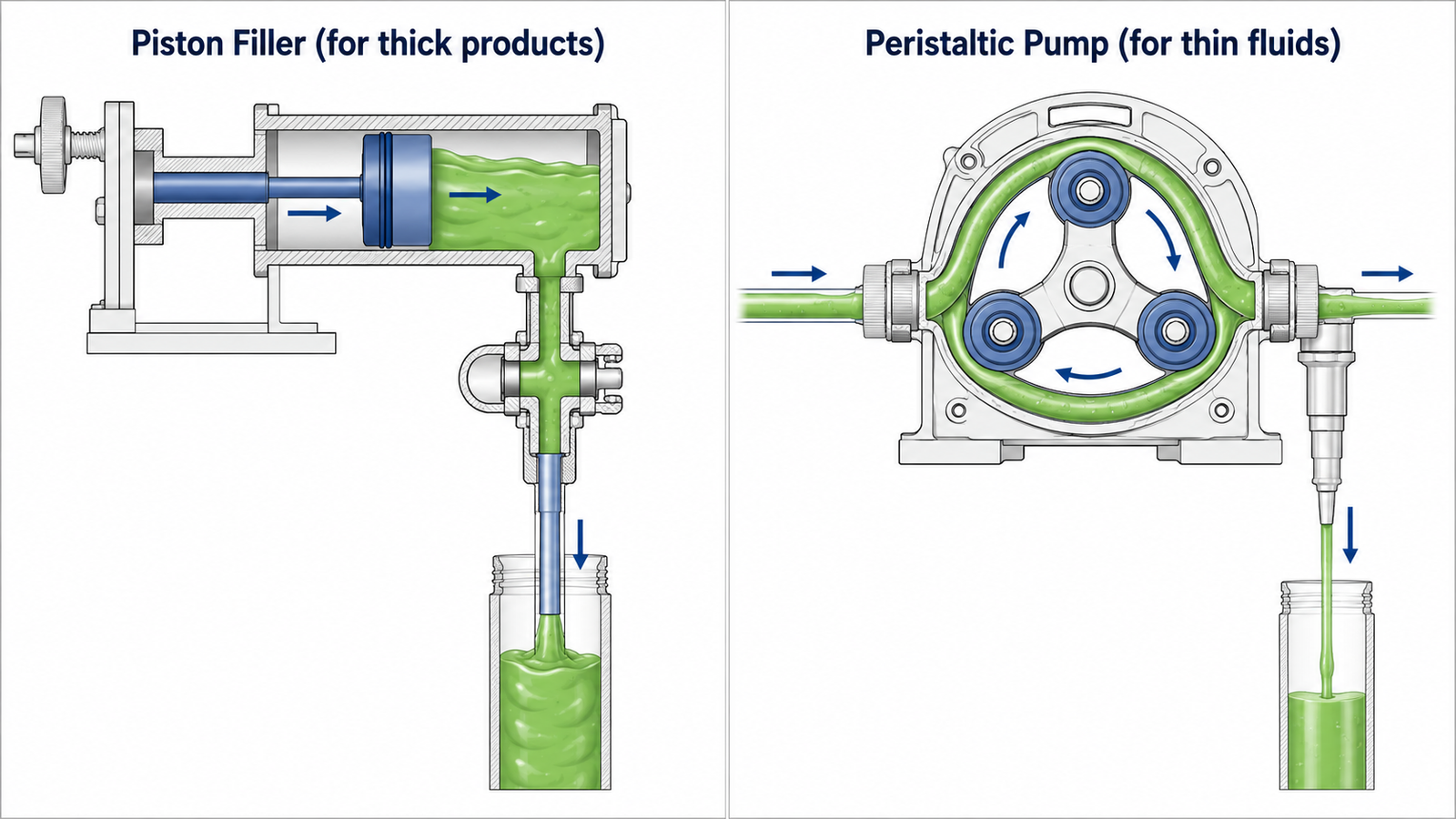 Filling Mechanisms：Piston Filler vs. Peristaltic Pump