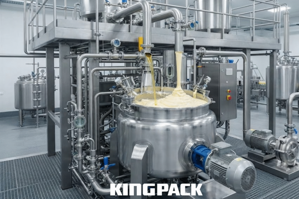 commercial food processing equipment mixing oil into a mayonnaise emulsion