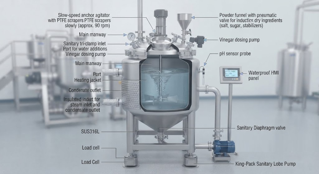 industrial schematic showing the construction and components of a sus316l mixing tank