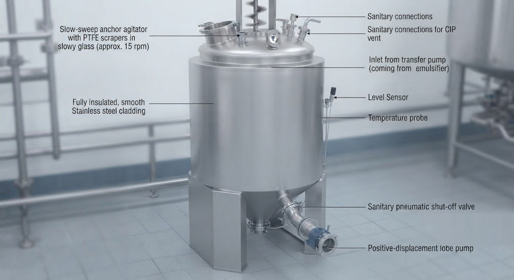industrial stainless steel storage tank designed for holding mayonnaise