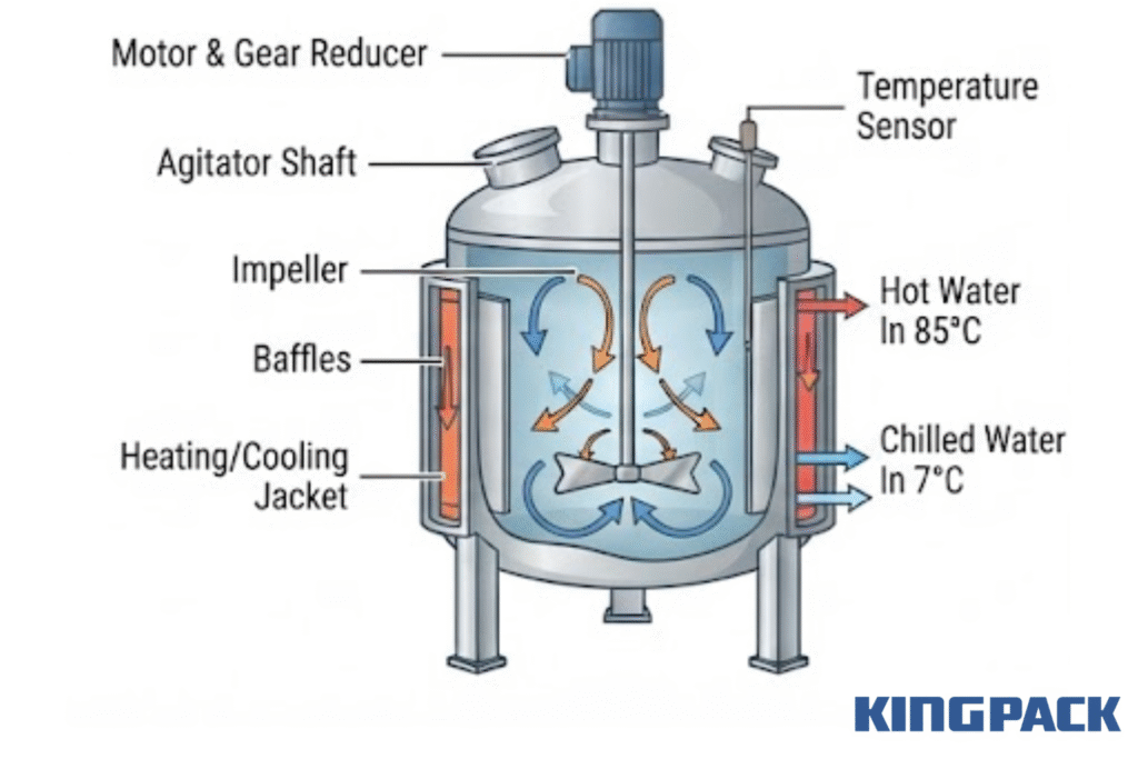 main components of an agitator mixing tank, including the motor, agitator shaft, impeller, and baffles