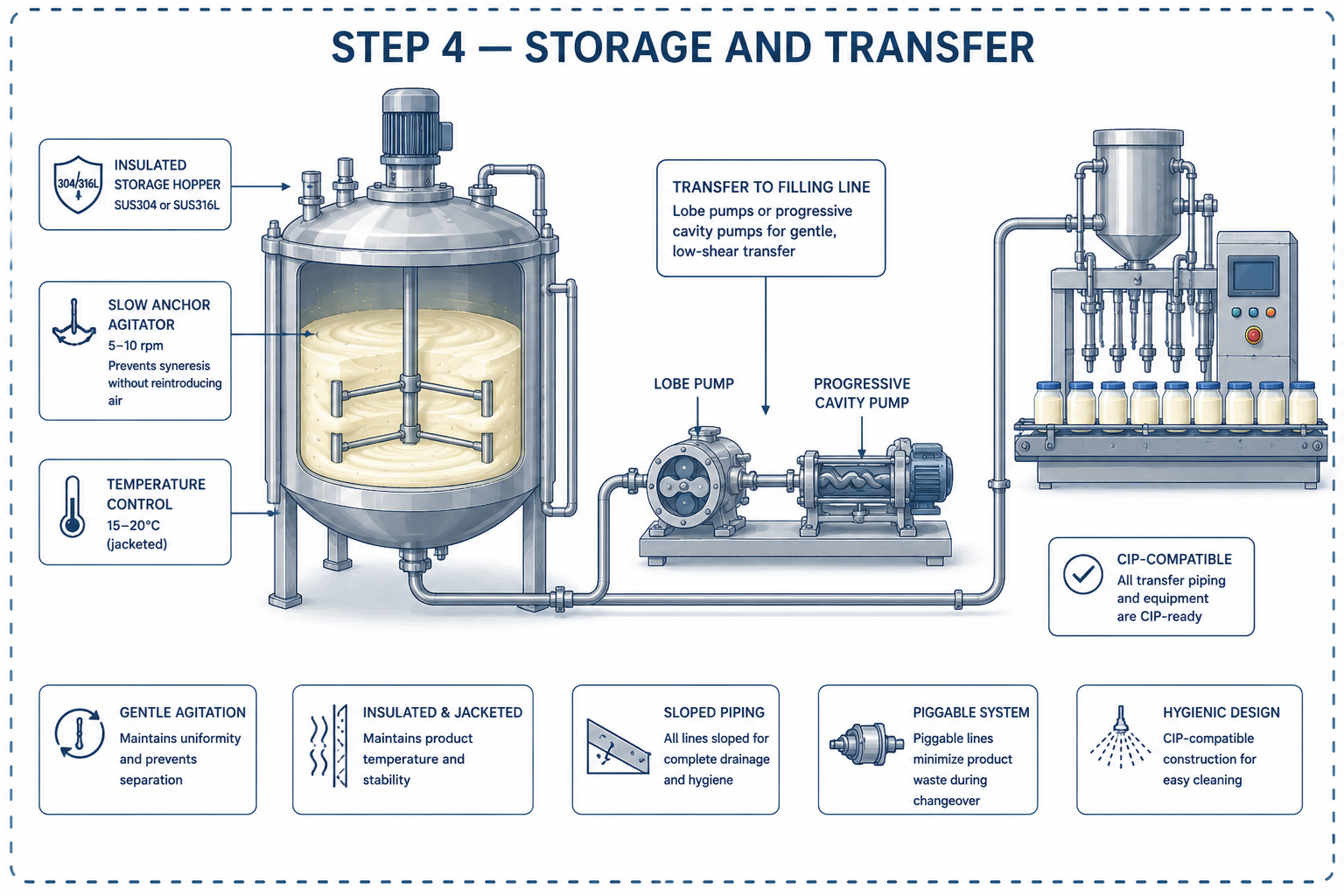mayonnaise manufacturing process displaying storage tank agitation, temperature control, and pumping