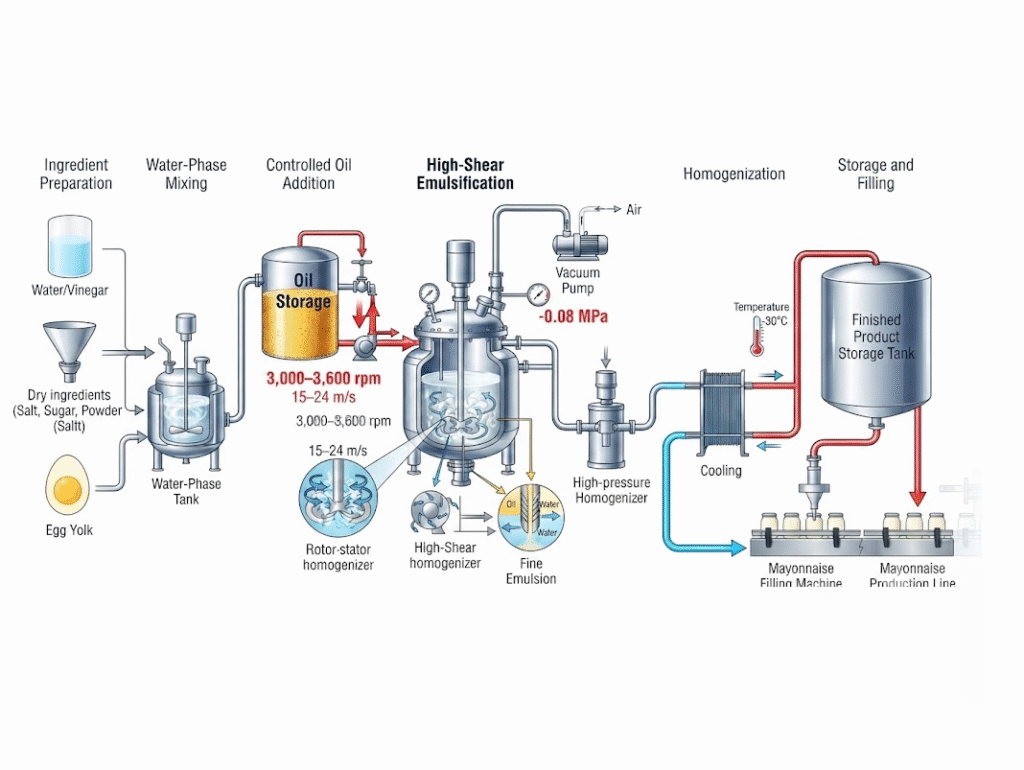 process flow diagram detailing the manufacturing steps for mayonnaise production