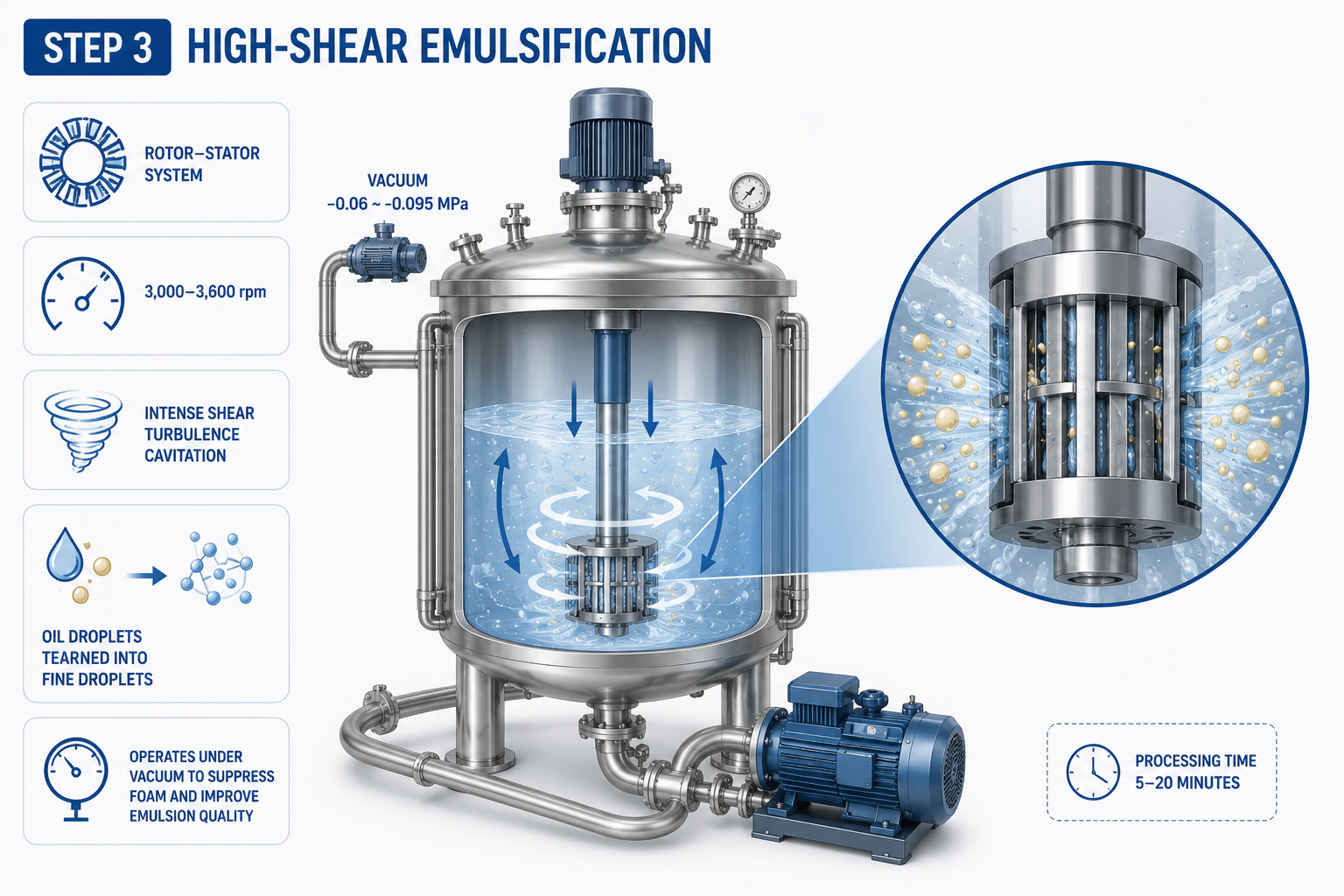 process schematic showing intense shear, turbulence, and cavitation for fine droplet reduction