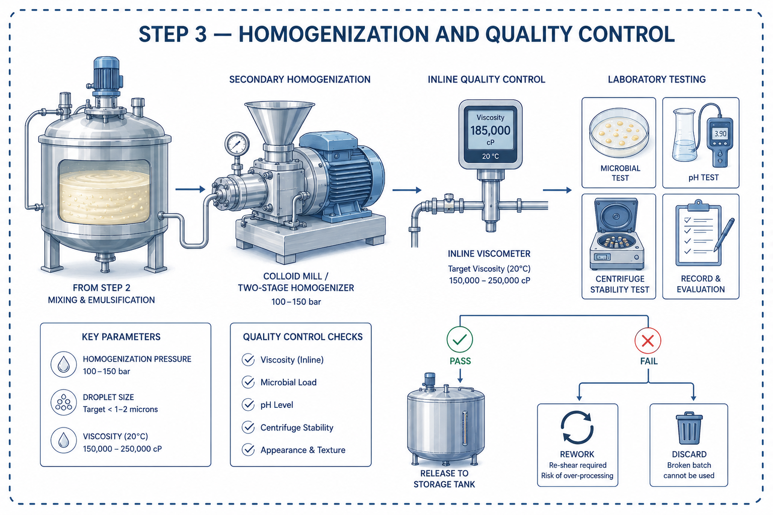 schematic of homogenization and qc, including inline viscosity monitoring and centrifuge stability tests