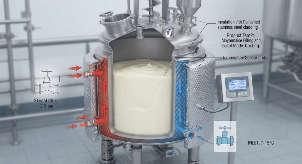 schematic view of an industrial mixing tank’s temperature management system