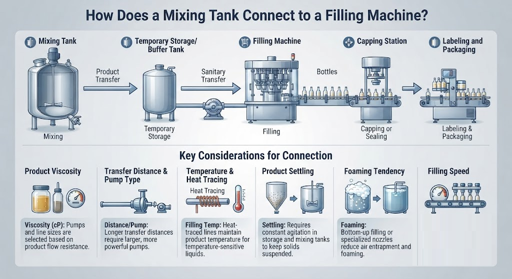 technical infographic detailing the essential steps for connecting a mixing tank to a filling machine, moving from mixing to final packaging