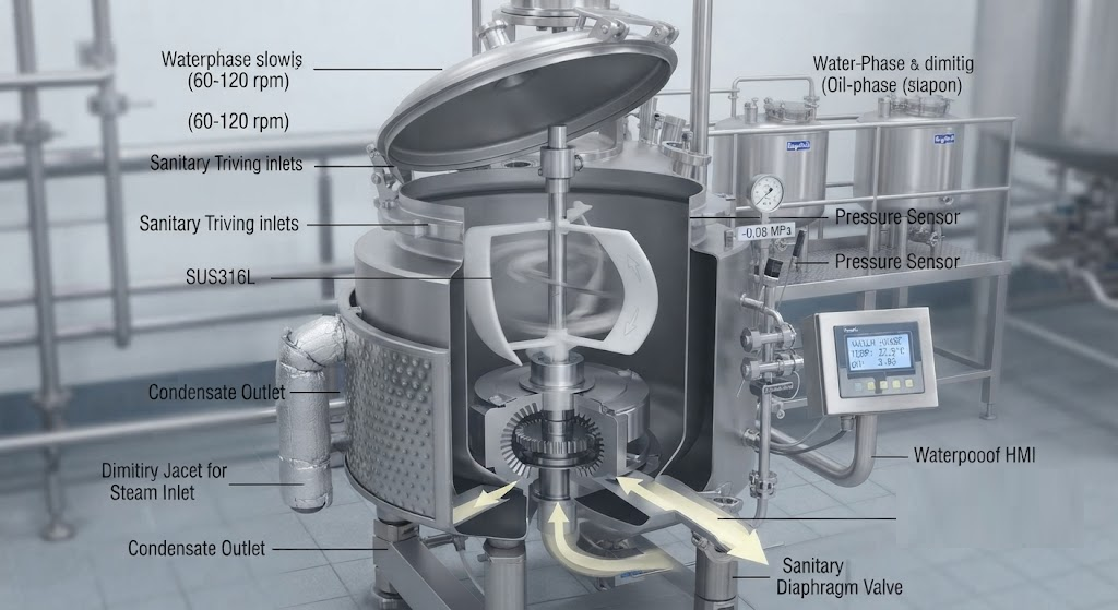 vacuum emulsifying mixer highlighting the rotor stator homogenizer, anchor agitator, and steam heating jacket