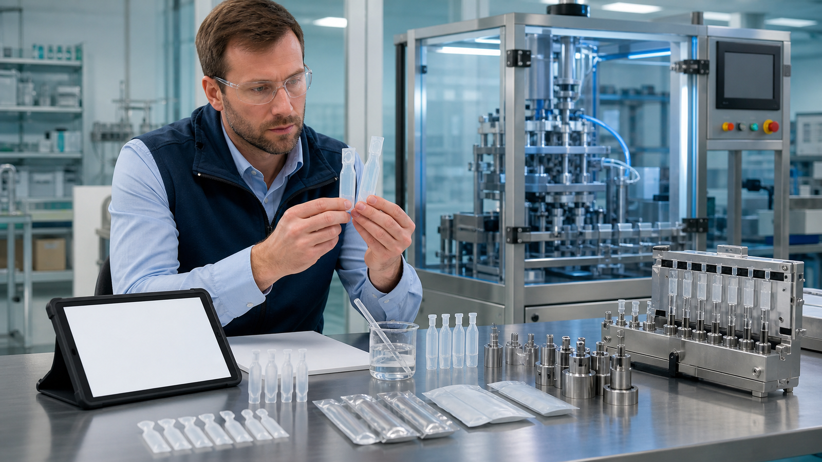 Engineer evaluating pipettes and tooling for a spot-on filling and sealing machine