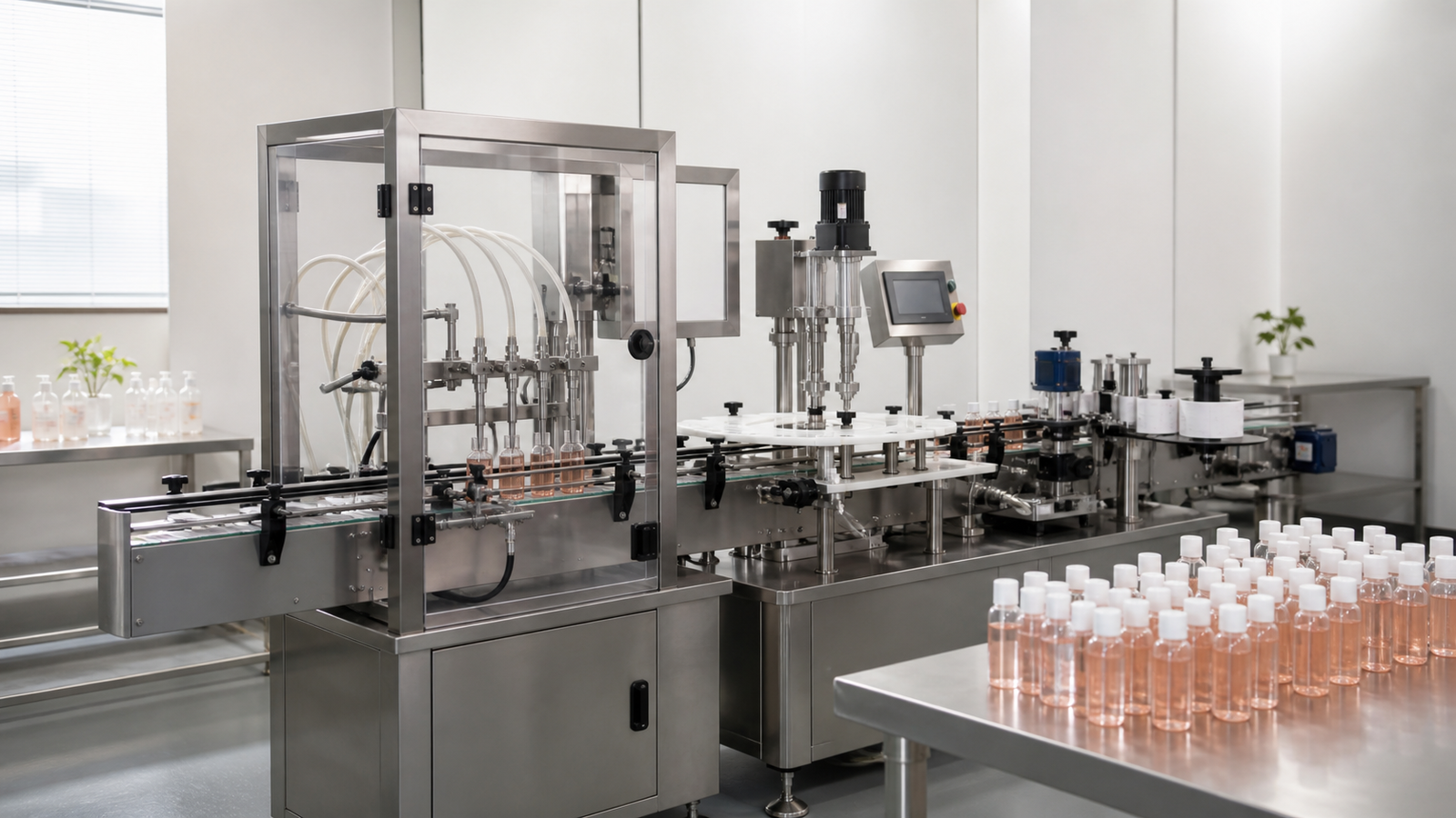 Compact automatic liquid filling line for a small factory