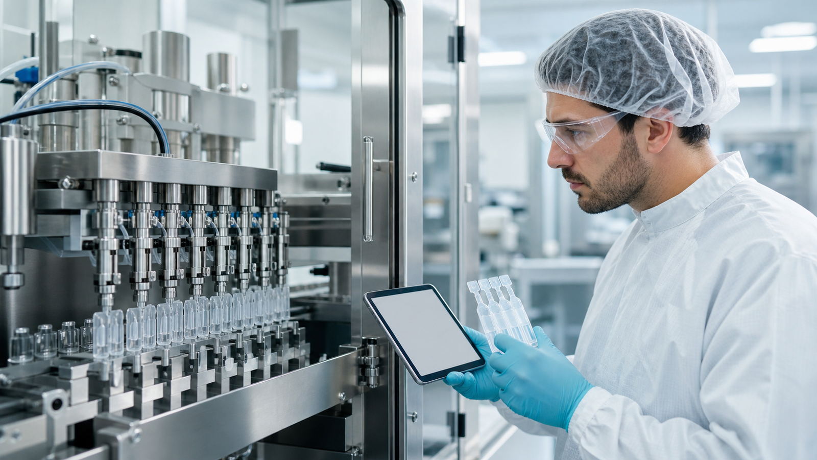 Engineer inspecting a veterinary pipette filling machine before purchase