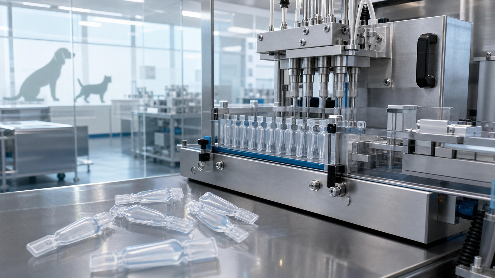 Veterinary spot-on pipette filling and sealing line in a clean pharmaceutical facility