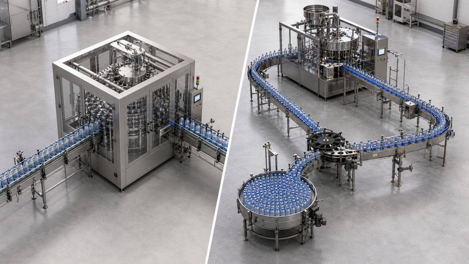 Production line footprint and bottle-transfer layout comparison