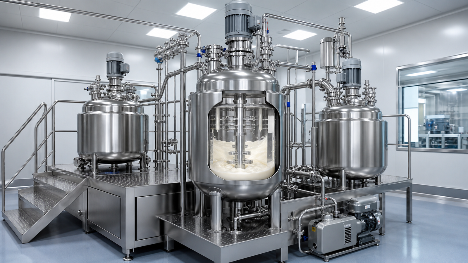 Upstream cosmetic mixing and vacuum emulsifying equipment
