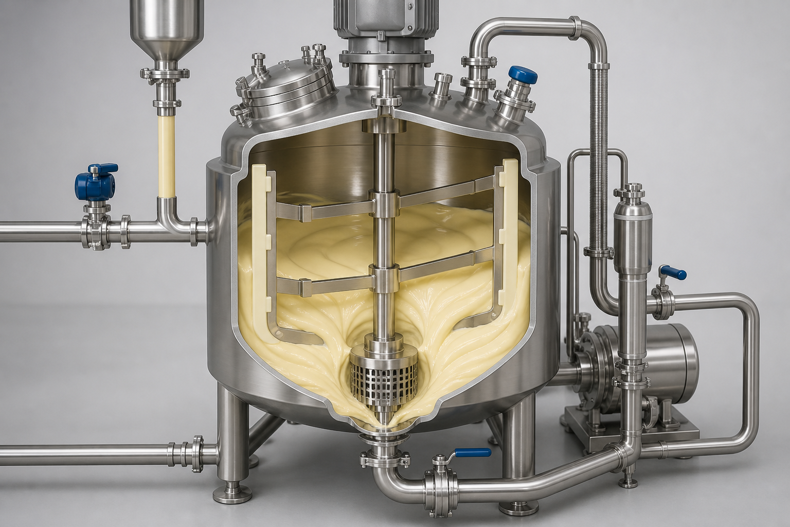 Cutaway view of a vacuum emulsifying mixer producing mayonnaise