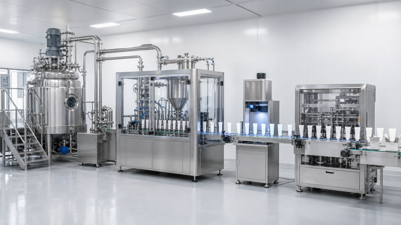 Connected tube production system from emulsification to cartoning