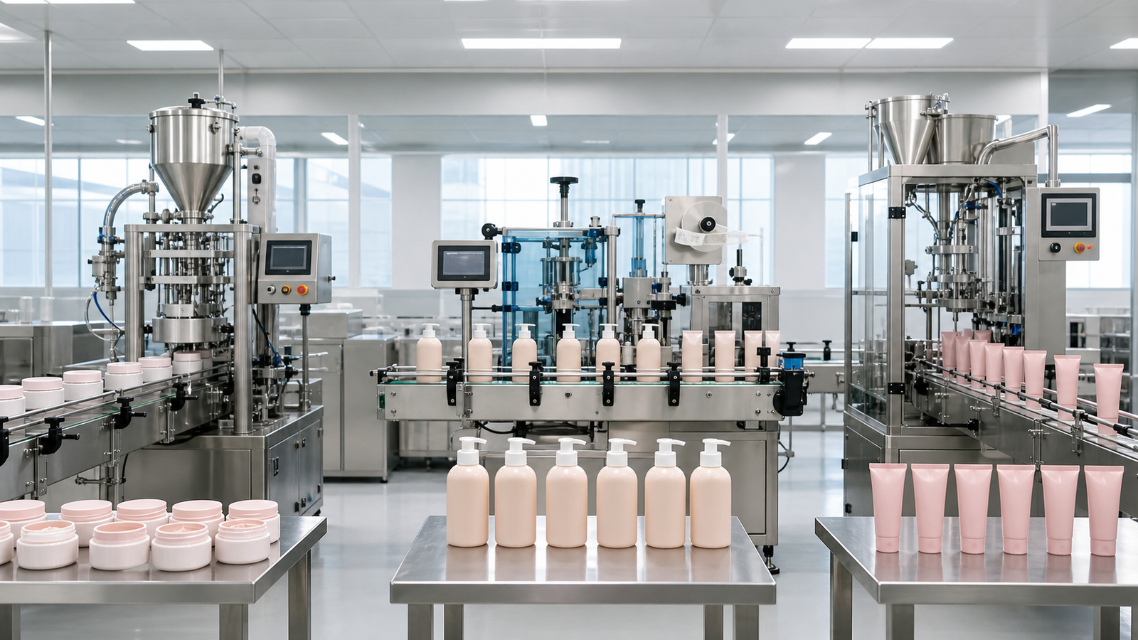 Cosmetic filling equipment for bottles, jars and tubes