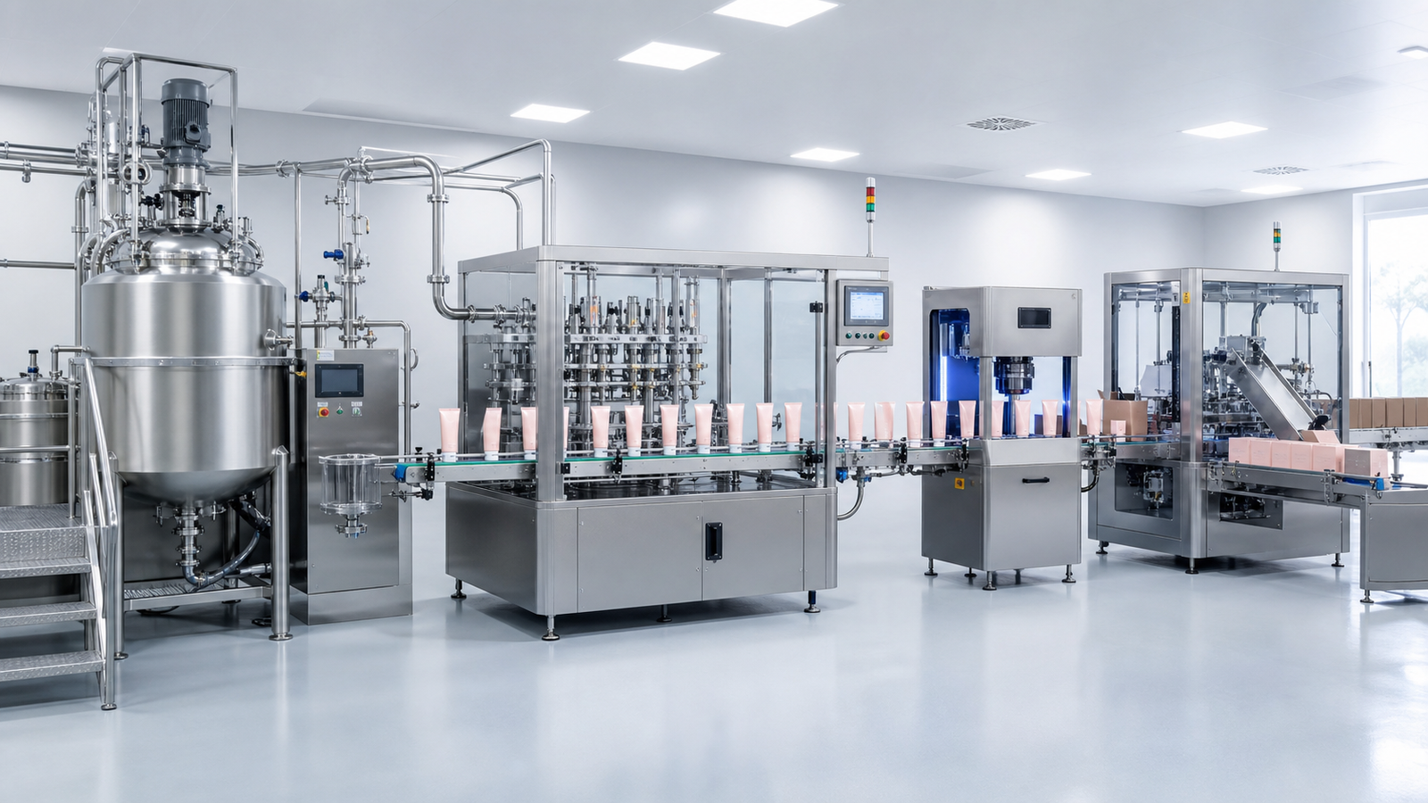 Integrated emulsifier, tube filler and cartoner production line
