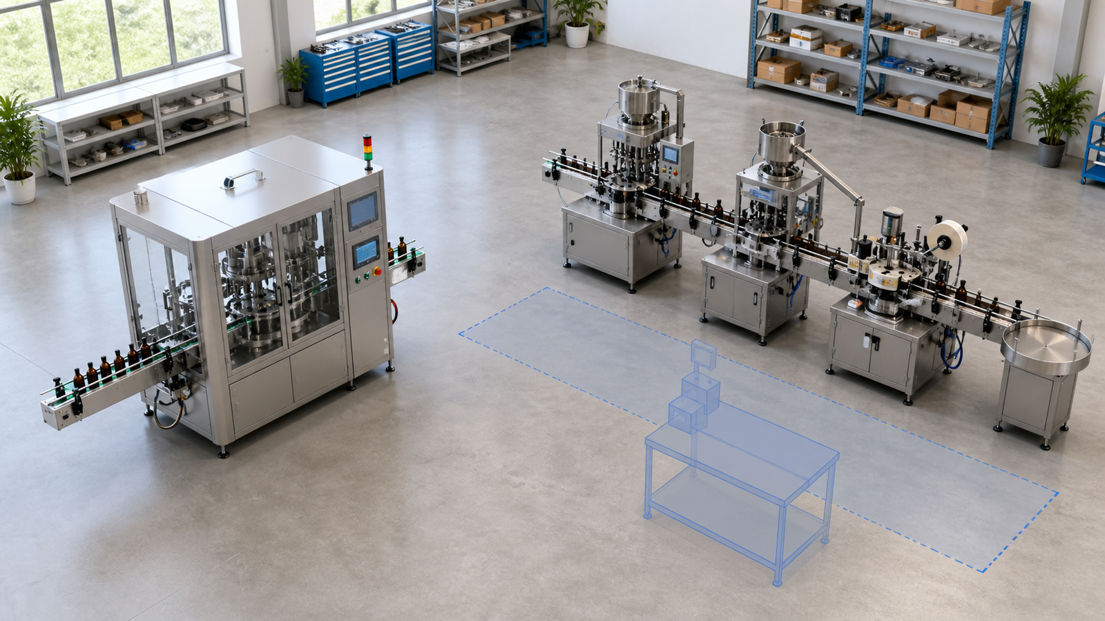 Compact monoblock compared with an expandable modular filling line