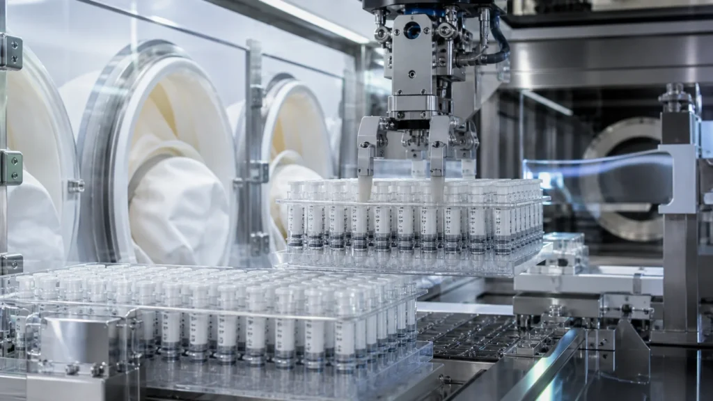 Robotic denesting and handling of nested prefilled syringes