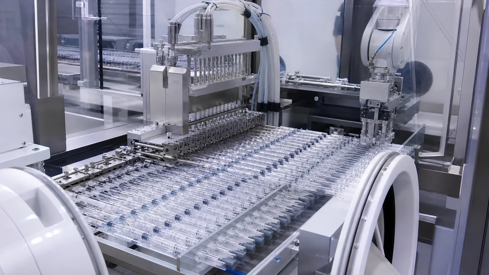 Nested prefilled syringe filling and stoppering machine
