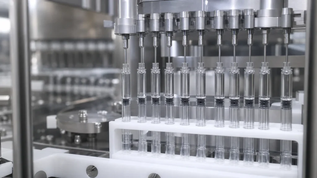 Prefilled syringe filling needles and vacuum stoppering process