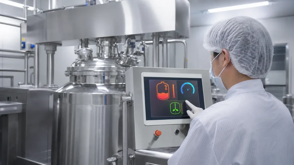 Operator monitoring vacuum emulsifier temperature and agitator settings