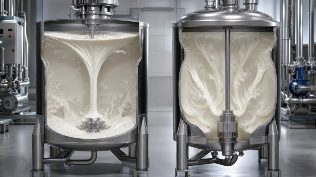 Cream circulation patterns in top-entry and bottom-entry homogenizers