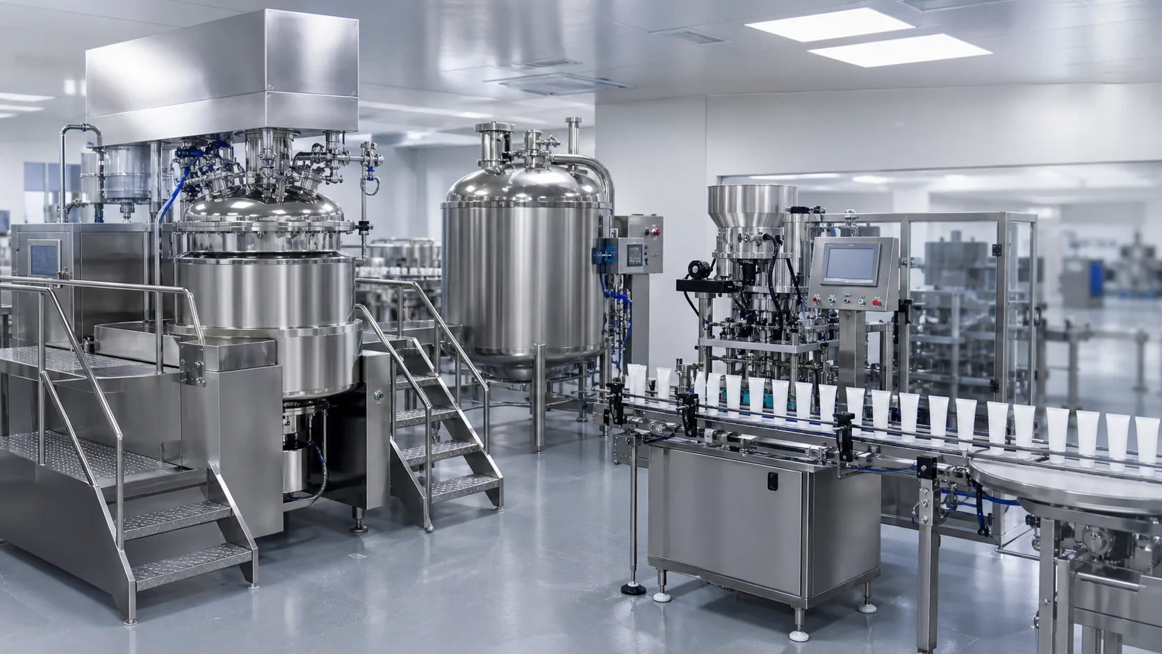 Complete cosmetic cream production and tube packing line
