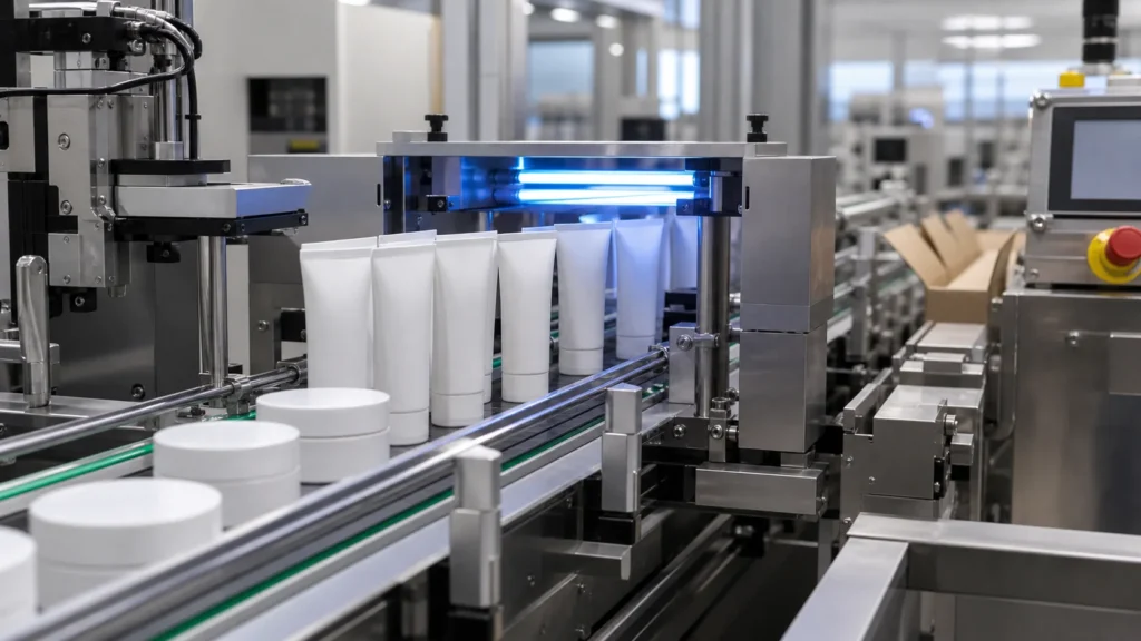 End-of-line inspection and packing for cosmetic cream tubes and jars