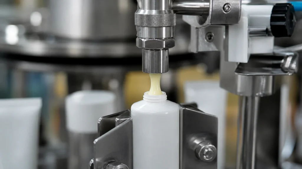 Anti-stringing filling nozzle with suck-back for viscous cream