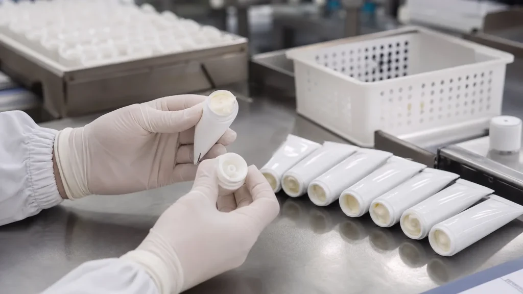 Inspection for air pockets and clean seals in filled cream tubes
