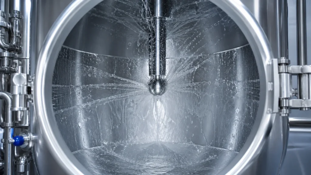 Rotary spray ball cleaning inside pharmaceutical mixing vessel