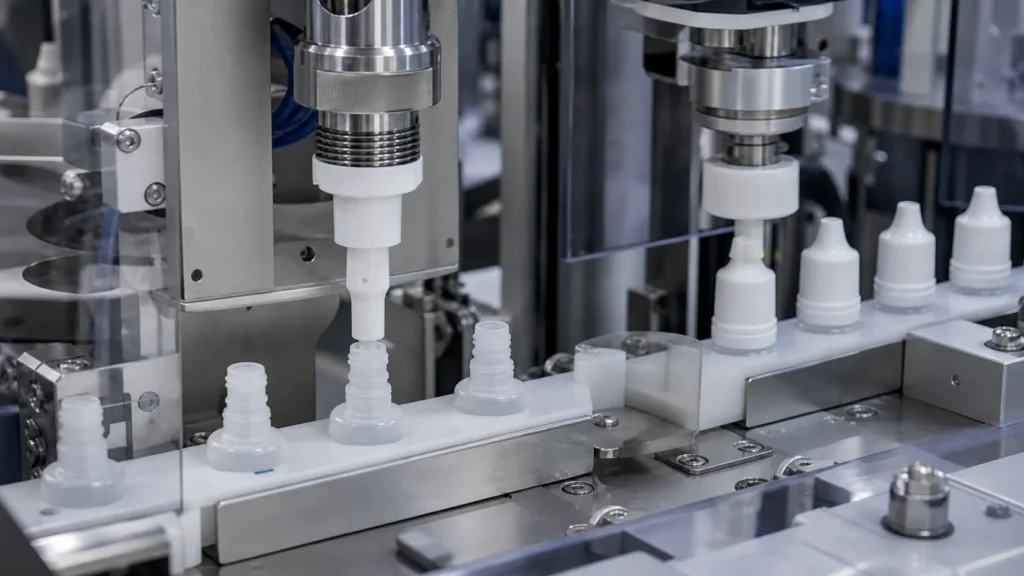 Eye drop bottle plug insertion and capping process