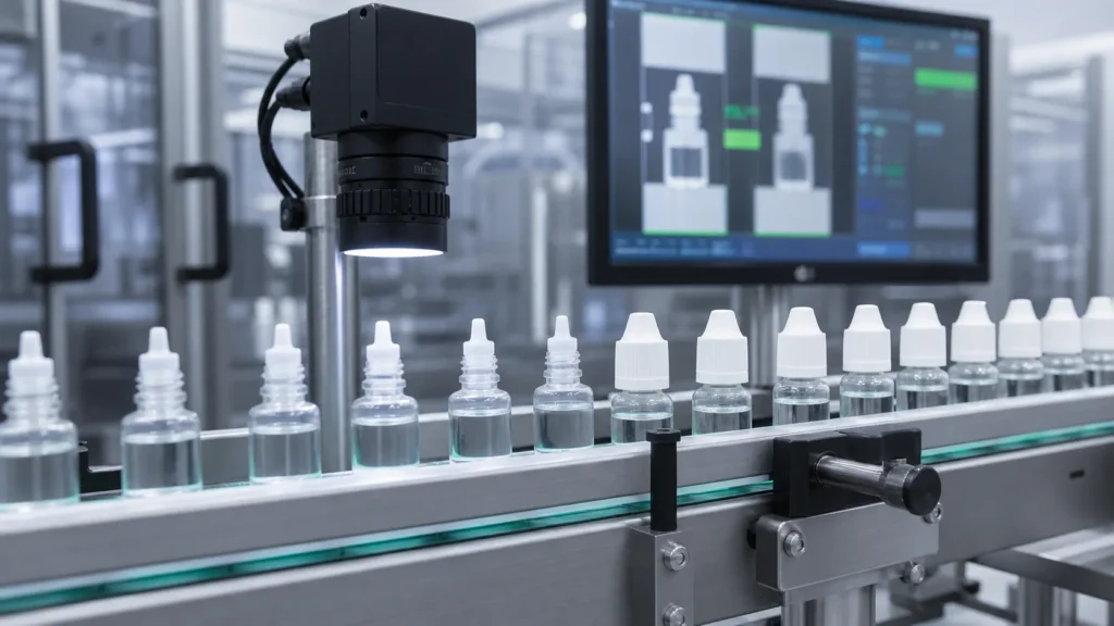 Vision inspection for eye drop fill level plug and cap