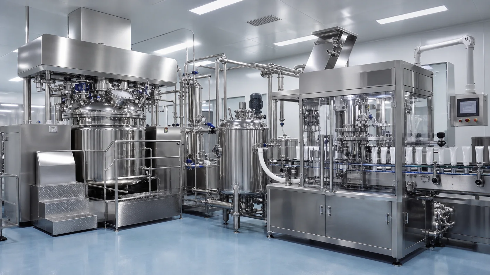 Pharmaceutical ointment manufacturing and tube filling line