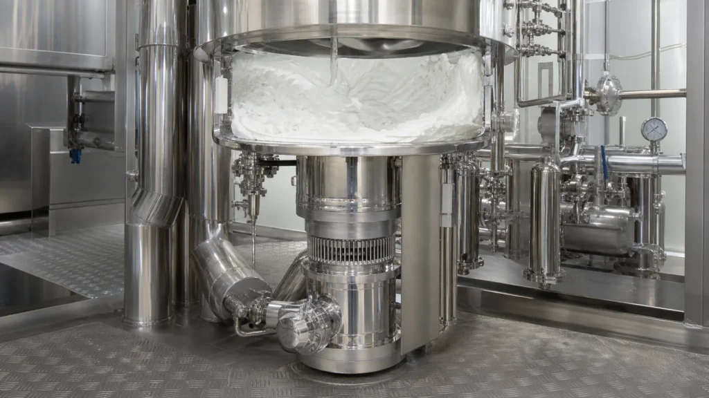 Bottom-entry homogenizer and vacuum deaeration for ointment production